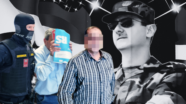Fotocollage: Zwei Männer stehen vor einem Bild von Baschar Al Assad, die Person ganz links wird von einem Polizisten geführt.