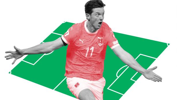 Illustration zeigt Michael Gregoritsch jubelnd vor einem stilisierten Fußballfeld