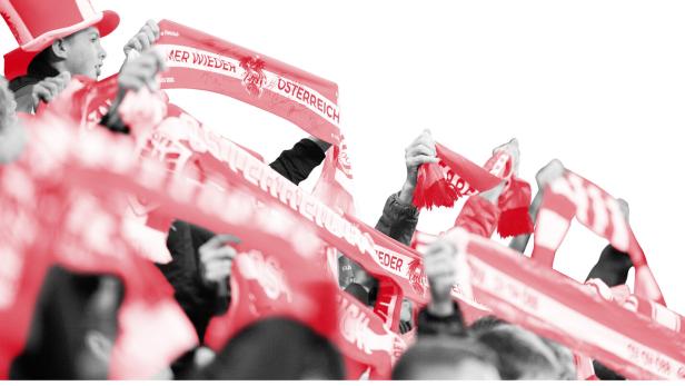 Illustration zeigt Österreichische Fußballfans mit rot-weiß-roten Schals und Utensilien
