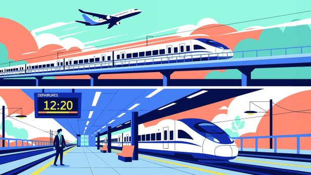 Flugzeug und Zug an einem Bahnsteig