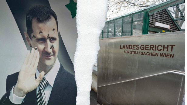 Links ein Bild von Diktator Baschar Al Assad, rechts ein Bild vom Landesgericht für Strafsachen Wien