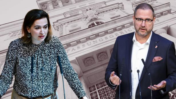 Collage: Alma Zadić (Grüne) und Christian Hafenecker (FPÖ) vor dem Verfassungsgerichtshof.