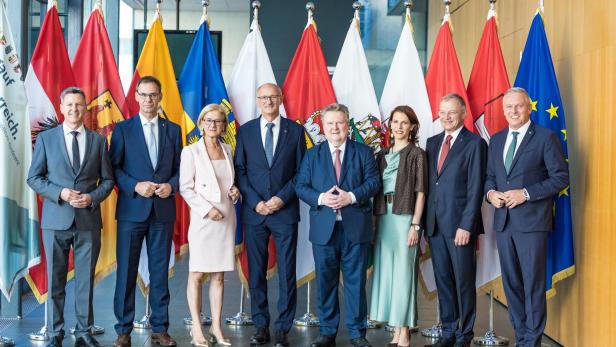 Österreichische Spitzenpolitiker und Landesvertreter posieren vor den Fahnen der Bundesländer beim Gipfel zur Gesundheitsreform im Kanzleramt.