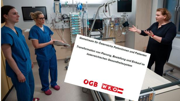 Ministerin in Spitalszimmer mit Schwestern, Reformpapier Montage