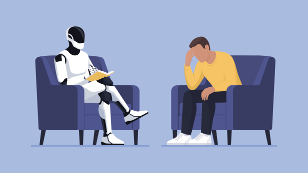 Roboter und Mensch sitzen jeweils in einem Sessel, der Roboter liest ein Buch, der Mensch stützt den Kopf mit der Hand und wirkt nachdenklich