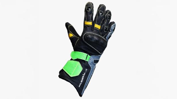 Motorrad-Handschuh in Schwarz mit grünen und gelben Details.