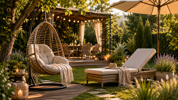 Garten mit hängendem Korbsessel, gepolstertem Liegestuhl, Sonnenschirm und gedecktem Esstisch im Hintergrund.