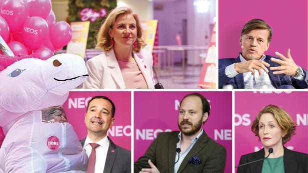 Collage mit Neos-Politikerinnen und Politikern und dem Einhorn-Maskottchen