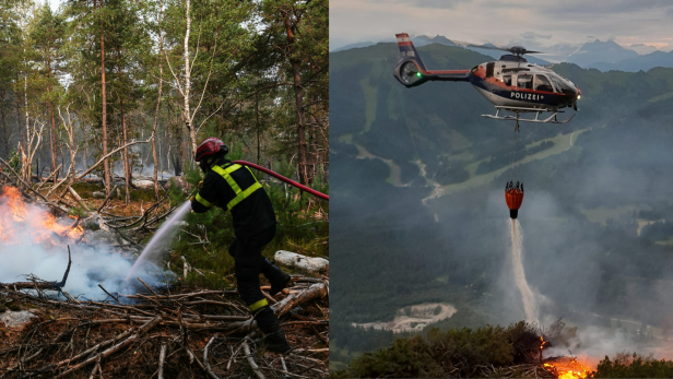 Links von das Bild von einem Feuerwehrmann in Fontainebleau, der mit einem Schlauch ein Feuer am Boden in einem Wald löscht, rechts das Foto eines Feuerwehreinsatzes im Mühlbach am Hochkönig (Pongau), wo bei einem Waldbrand ein Polizeihelikopter angefordert wurde. Ein Polizeihelikopter lässt aus einem Behälter Wasser ab.