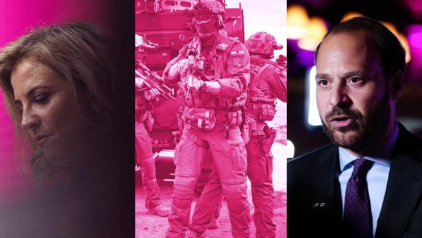 Collage: Beate Meinl Reisinger, ein pink eingefärbtes Foto eines Soldten, Nikolaus Scherak 