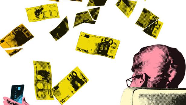 Eine alte Frau sitzt im Ohrensessel mit einer Bankkarte in der Hand. Über ihr lösen sich Geldscheine in Luft auf.