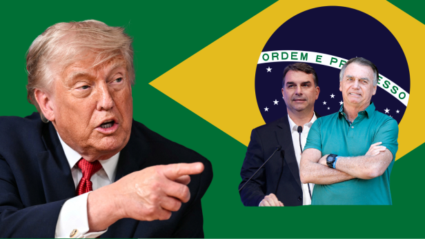 Fotocollage: Donald Trump zeigt auf Jair und Flávio Bolsonaro, die vor einer Brasilien-Flagge stehen.