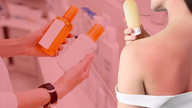Verschiedene Sonnencremepackungen und eine Frau mit Hautkrebs