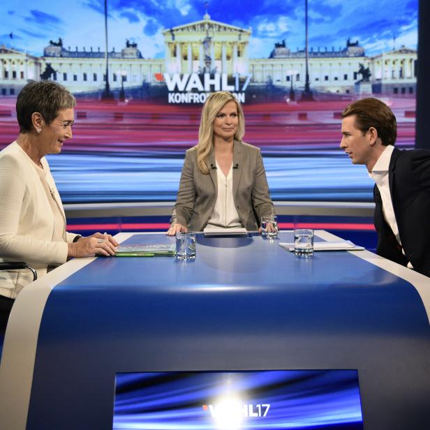 Grünen- Spitzenkandidatin Ulrike Lunacek, Moderatorin Claudia Reiterer (ORF) und ÖVP-Spitzenkandidat Sebastian Kurz 