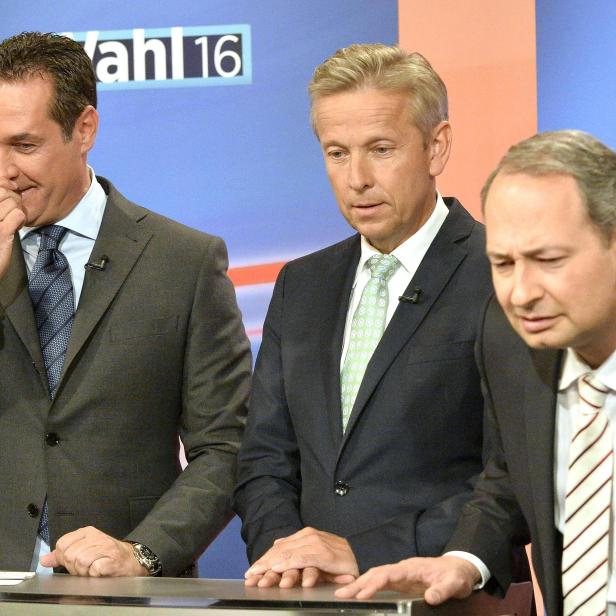 FPÖ-Chef Heinz Christian Strache, ÖVP-Klubchef Reinhold Lopatka und SPÖ-Klubobmann Andreas Schieder bei einem TV-Einstieg zur Bundespräsidentenwahl