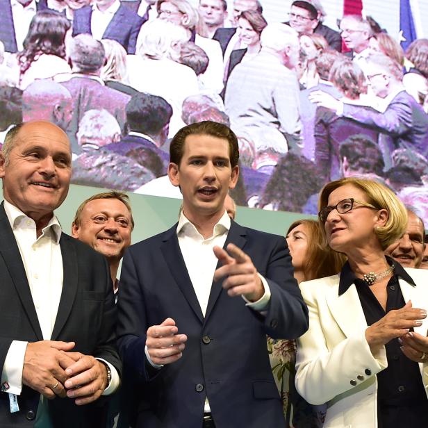 NÖ-Spitzenkandidat Nationalratspräsident Wolfgang Sobotka (ÖVP), ÖVP-Chef Sebastian Kurz, Landeshauptfrau Johanna Mikl-Leitner (ÖVP) am Freitag, 6. September 2019, anlässlich des Wahlkampfauftakts der ÖVP NÖ in Tulln.