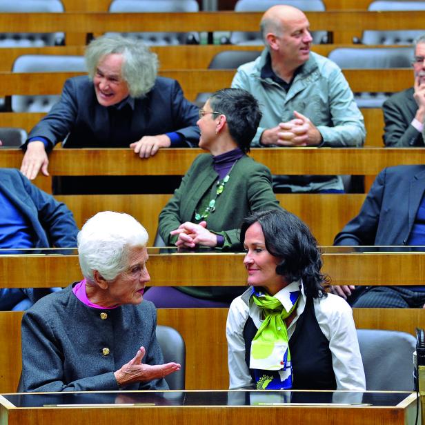 Parteichefs der Grünen, 1986 bis 2016: Peter Pilz, Freda
Meissner-Blau, Andreas Wabl, Madeleine Petrovic, Eva
Glawischnig, Christoph Chorherr, Alexander Van der Bellen und
Johannes Voggenhuber, aufgenommen 2011 im Parlament.
