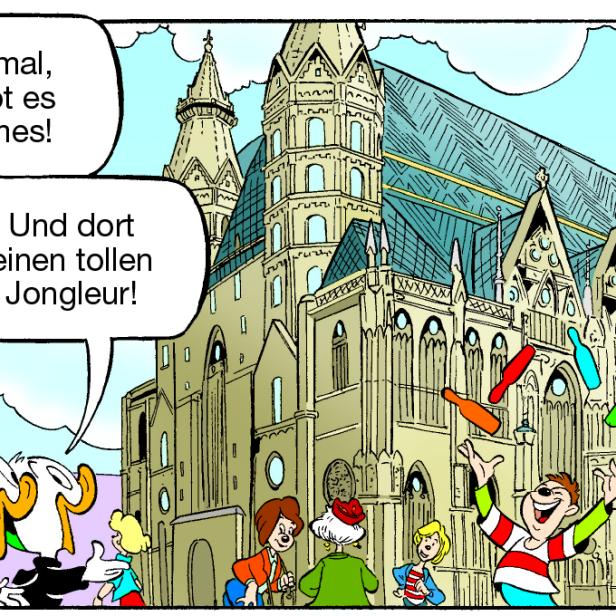 DONALD BEIM STEPHANSDOM: In den Geschichten im Heft kommen auch immer wieder aktuelle Ereignisse vor, zum Song Contest besichtigten die Ducks beispielsweise Wien.