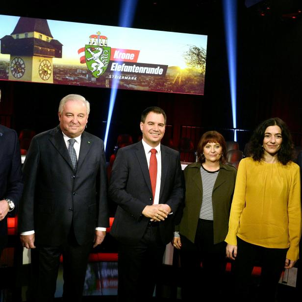 Mario Kunasek (FPÖ), Hermann Schützenhöfer (ÖVP), Michael Schickhofer (SPÖ), Claudia Klimt-Weithaler (KPÖ), Sandra Krautwaschl (Grüne) und Niko Swatek (NEOS) 