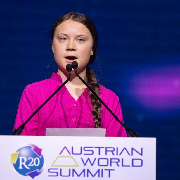 Die 16-jährige schwedische Klimaaktivistin Greta Thunberg während der Eröffnung des R20 Austrian World Summit in Wien.