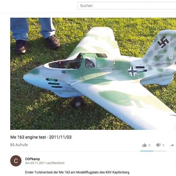 Testflug: Die Videos mit dem Modellflugzeug  ME 163 mit Hakenkreuz auf YouTube.