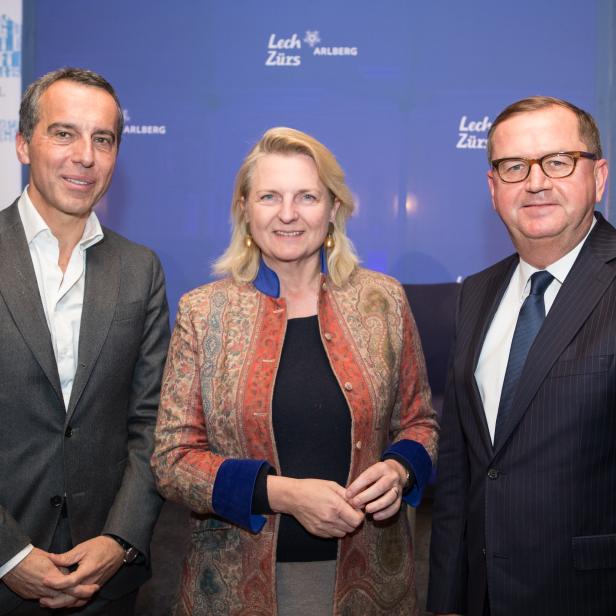 Christian Kern (ehemaliger österreichischer Bundeskanzler), Karin Kneissl (Nahost Expertin und ehemalige österreichische Außenministerin) und Hans-Peter Siebenhaar (Präsident der Auslandspresse in Wien) eröffneten den 13. Europäischen Mediengipfel Lech am