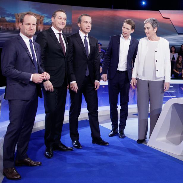 NEOS-Chef Matthias Strolz, FPÖ-Chef Heinz-Christian Strache, Bundeskanzler Christian Kern (SPÖ), ÖVP-Chef Sebastian Kurz und Grüne Spitzenkandidatin Ulrike Lunacek (v.l.n.r.)