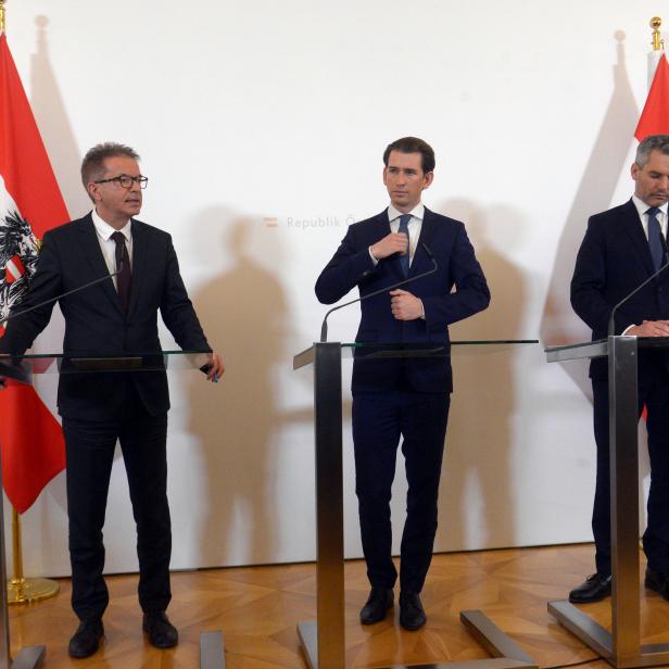 Gesundheitsminister Rudolf Anschober (Grüne), Bundeskanzler Sebastian Kurz (ÖVP) und Innenminister Karl Nehammer (ÖVP)