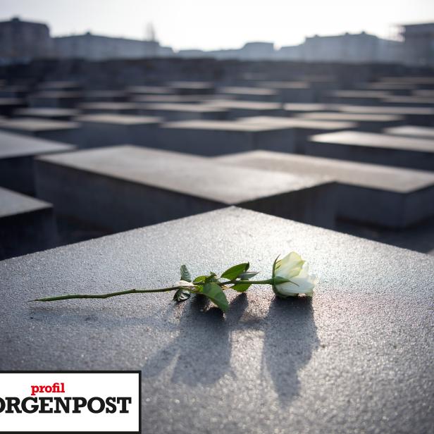 Eine weiße Rose liegt am Denkmal für die ermordeten Juden Europas in Berlin.