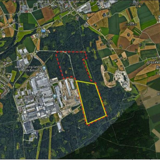 72 HEKTAR WALD sollen Industriegebiet werden (rot). Die Hälfte hat sich die AMAG gesichert (gelb). Bedarf besteht nicht.