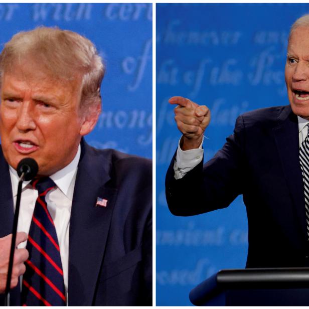 FILE PHOTO: A combination picture shows U.S. President Donald Trump and Democratic presidential nominee Joe Biden during the first 2020 presidential campaign debate, in Cleveland