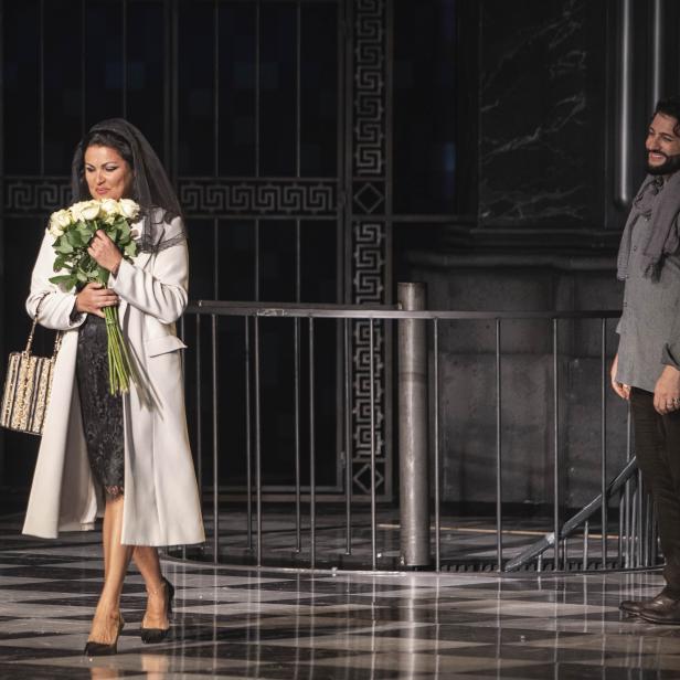 Szene aus der Oper &quot;Tosca&quot; mit Anna Netrebko (Floria Tosca) und Yusif Eyvazov (Mario Cavaradossi)