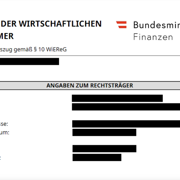 Derzeit ist der öffentliche Zugang zum Register der wirtschaftlichen Eigentümer komplett gesperrt. Die Schwärzungen auf diesem älteren Auszug sind symbolischer Natur.