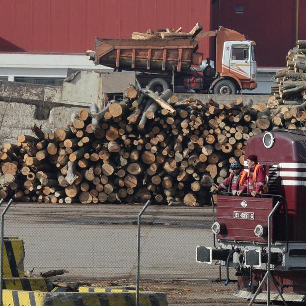 Holzstapel und LKWs in Kronospan-Fabrik 