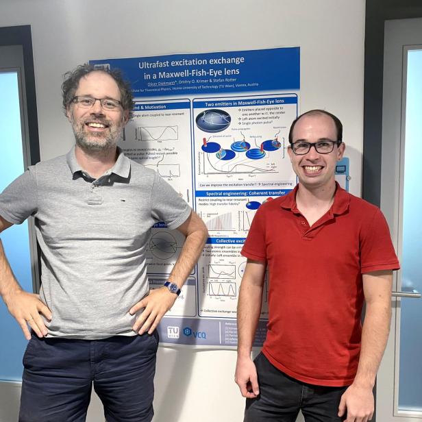 Prof. Stefan Rotter vom Institut für Theoretische Physik und der Doktorand Oliver Diekmann entwickelten eine Methode, bei der zwei Atome in einer speziellen Linse ein Photon mit hoher Präzision zwischen sich hin- und hersenden.