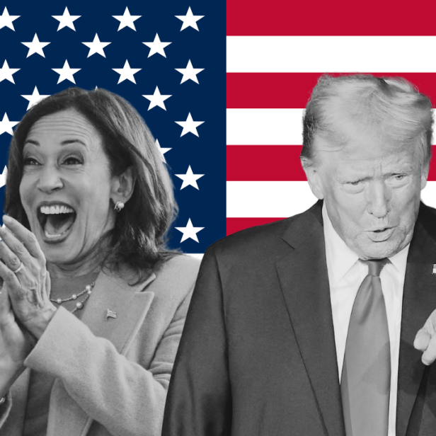 Trump und Harris vor einer amerikanischen Flagge