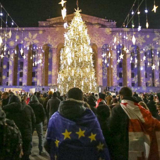 Demonstrierende stehen mit EU- und Georgien-Flagge vor einem Weihnachtsbaum vor dem Parlament.