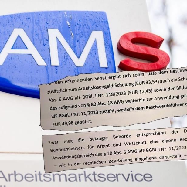 Das AMS Logo hinter zwei Schnipseln einer Gerichtsentscheidung