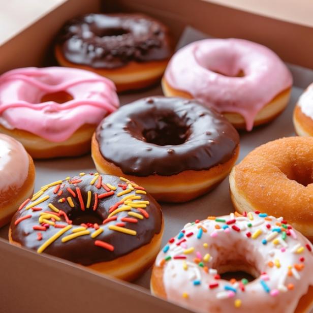Eine Schachtel voller bunter Donuts