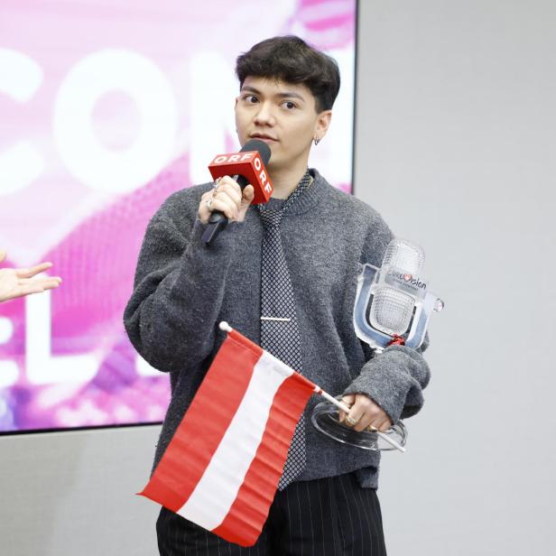 ESC-Sieger JJ (Johannes Pietsch) am Sonntag, 18. Mai 2025, im Rahmen einer Pressekonferenz im ORF-Mediencampus in Wien.
