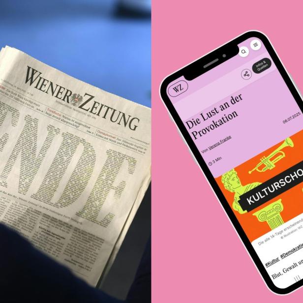 Eine Frau liest die letzte Ausgabe der gedruckten Wiener Zeitung, auf einem Handy ist ein Text der neuen Wiener Zeitung zu lesen