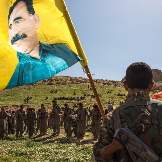 Kurdish militias in Sinjar, Iraq, celebrating the birthday of Abdullah Ocalan