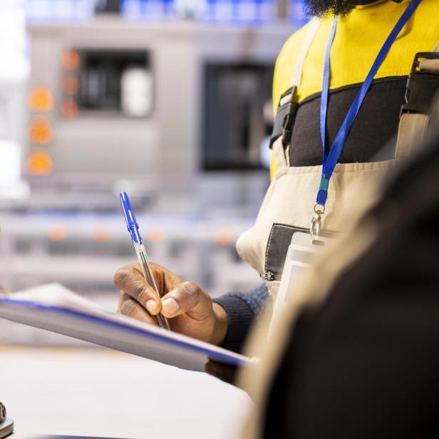 Eine Person hält ein Klemmbrett in der Hand und notiert etwas.