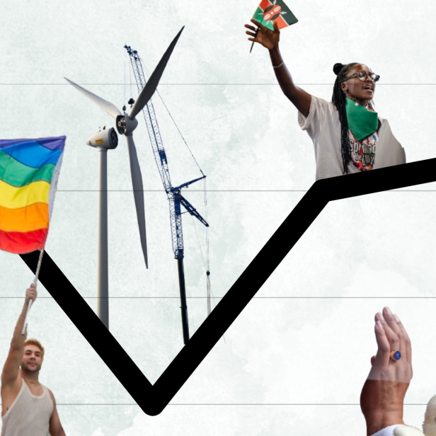 Ein Liniendiagramm geht nach oben, daneben Fotos von einer Person mit LGBT-Flagge, Windräder, protestierender Frau und König