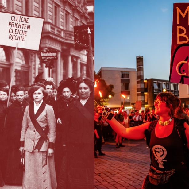 links: Suffragetten protestieren in Wien, Feministinnen protestieren in den Niederlanden