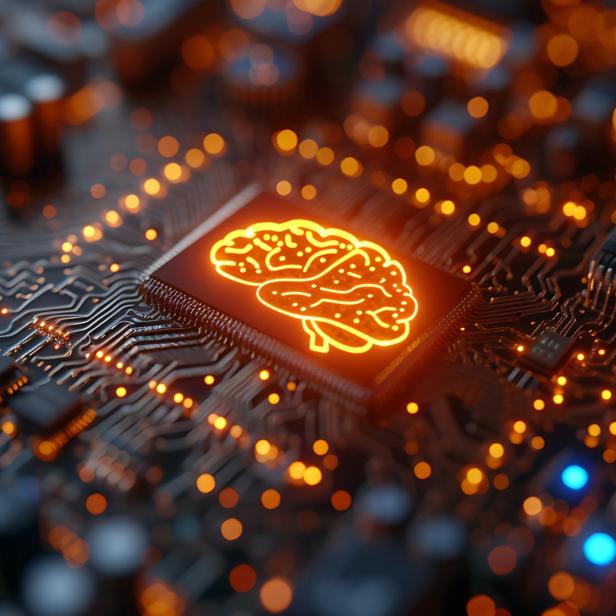 Computer-Motherboard, auf dem ein menschliches Gehirn in Leuchtfarben zu sehen ist