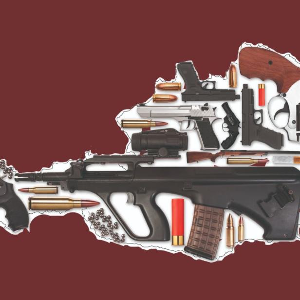Eine Collage aus Waffen und Patronen die Österreich bilden 