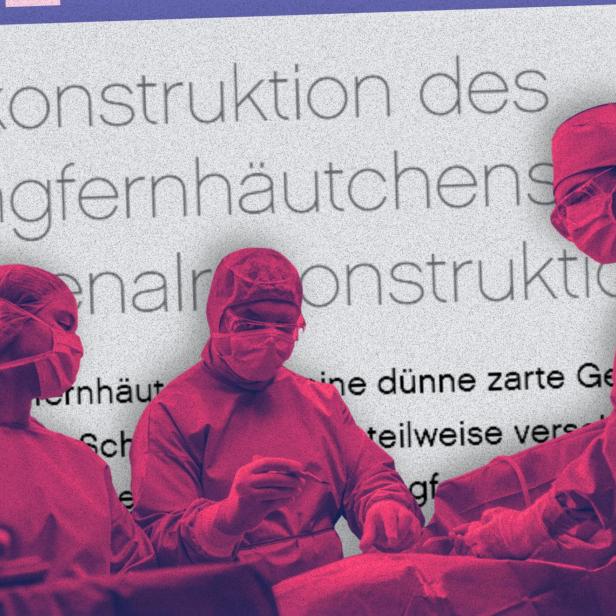 Drei Ärzt:innen an einem OP-Tisch, im Hintergrund ein Screenshot "Rekonstruktion des Jungfernhäutchens
