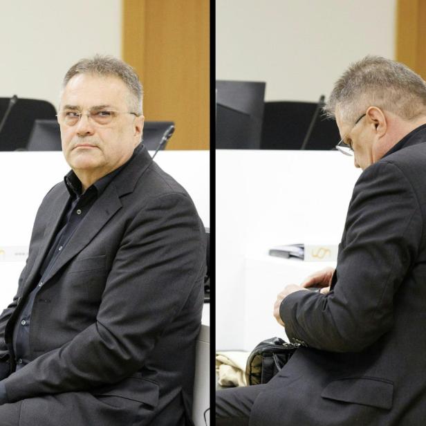 Egisto Ott, ehemaliger Chefinspektor des BVT, vor Gericht. Auf dem Bild links sieht er in die Kamera, auf dem Bild rechts dreht er sich weg.