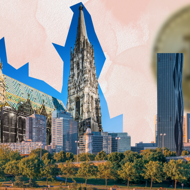 Auf dem Bild ist eine Kollage von dem Wiener Stephansdom vor einer Bitcoin-Sonne.